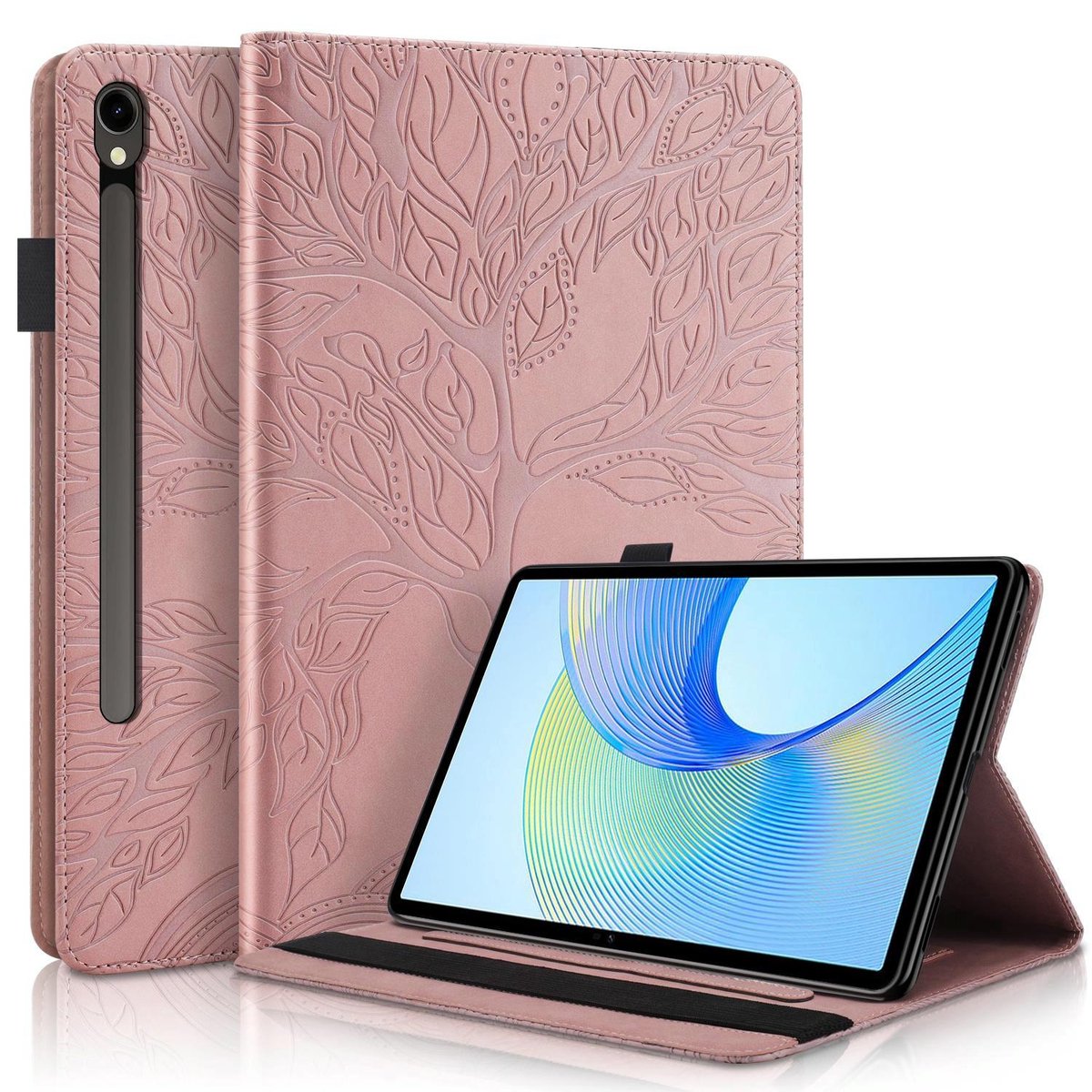 Mobigear Tablethoes geschikt voor Samsung Galaxy Tab S10 FE Plus Hoes | Mobigear Tree Bookcase + Stylus Houder | Pasjeshouder voor 2 Pasjes | Telefoonhoesje voor Pinpas / OV Kaart / Rijbewijs - Roségoud