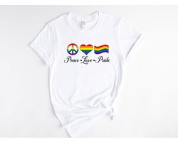 Lykke Peace Love Pride tshirt| LGBTQ+|Pride| Rainbow Heart Gay Pride Quote |Equality Shirt | Pride Month | Unisex T-shirt| Wit|Maat XXL