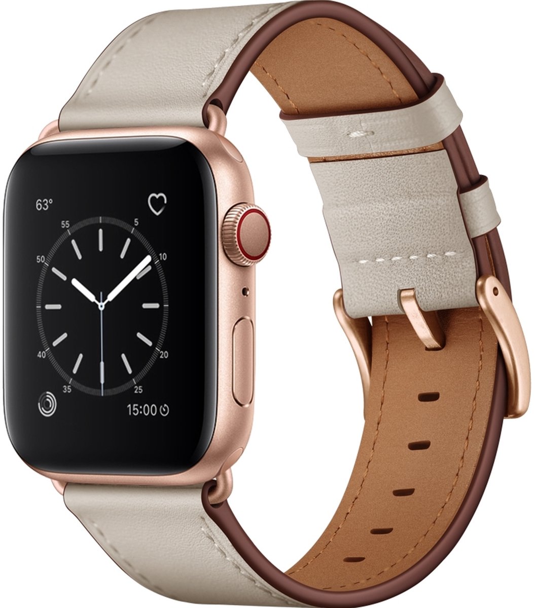 Mobigear Leren Watch bandje geschikt voor Apple Watch Bandje Gespsluiting | Mobigear Firenze - 49/46/45/44 mm - Beige
