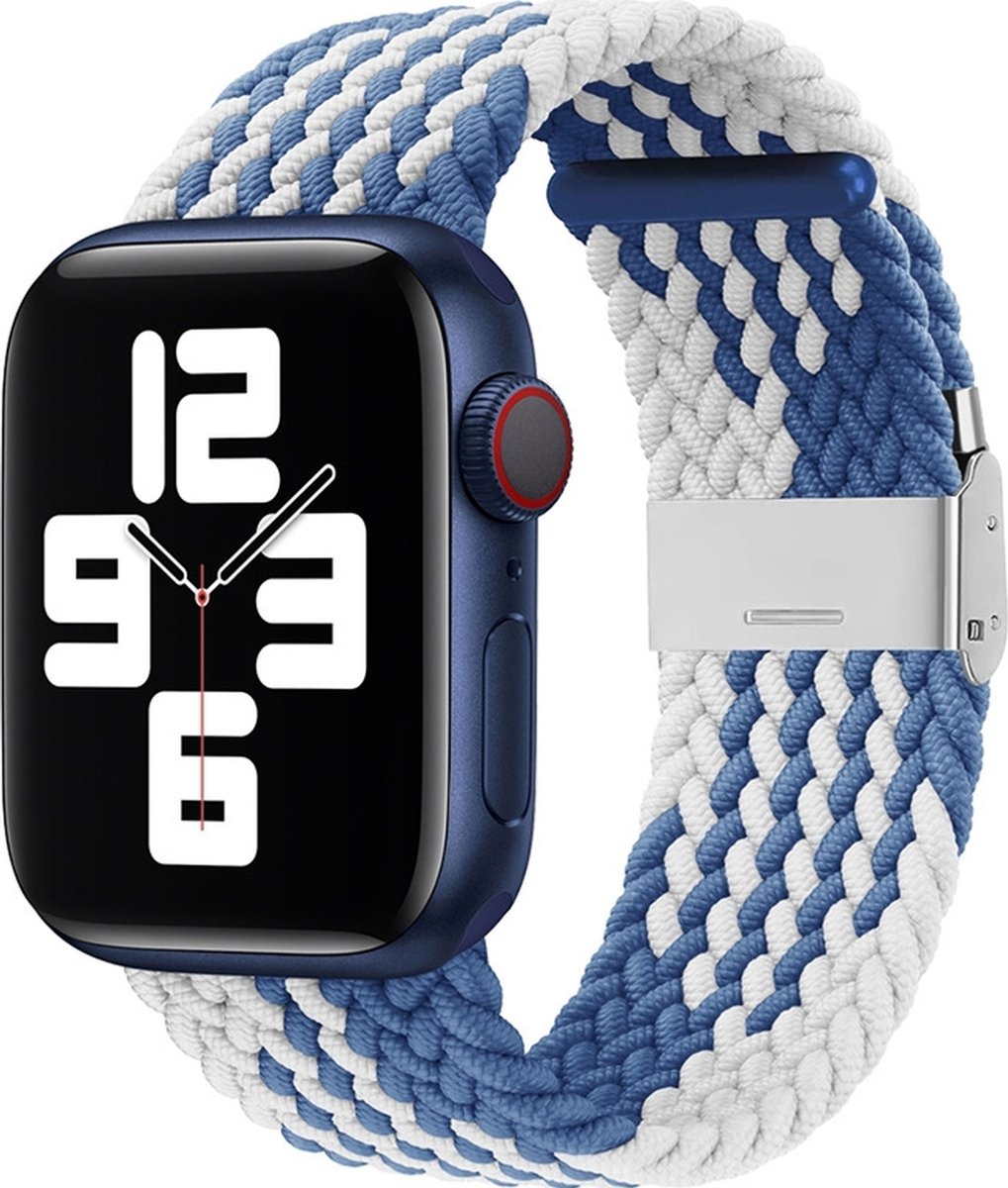 Mobigear Nylon Watch bandje geschikt voor Apple Watch Bandje Klemsluiting | Mobigear Braided - 49/46/45/44 mm - Wit / Blauw