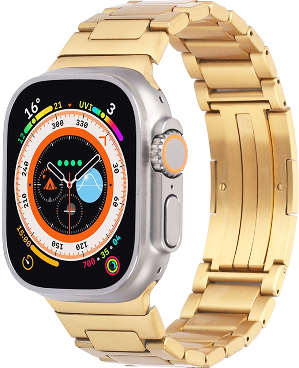 Mobigear Stalen Watch bandje geschikt voor Apple Watch Bandje Vouwsluiting | Mobigear Berlin - 49/46/45/44 mm - Goud