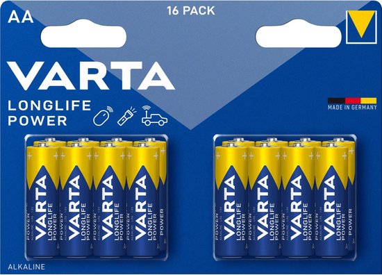 16 Varta Longlife Power AA alkaline batterijen. Blauwe en gele batterijen met Varta logo. Verpakking met blauwe en gele strepen.