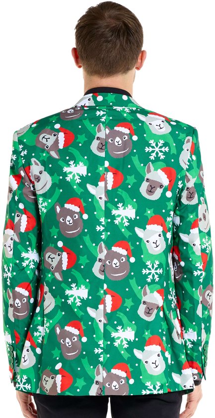 Groen colbert met lama's met kerstmutsen en sneeuwvlokken