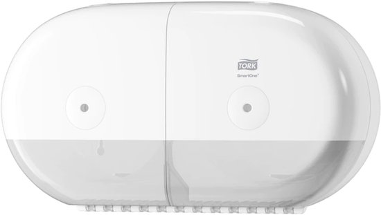 Witte Tork SmartOne Mini Twin Toiletpapier Dispenser met twee rollen.