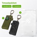 Totaalpakket: twee olijfgroene en zwarte multifunctionele noodfluitjes met sleutelhanger en een transparante verpakking.