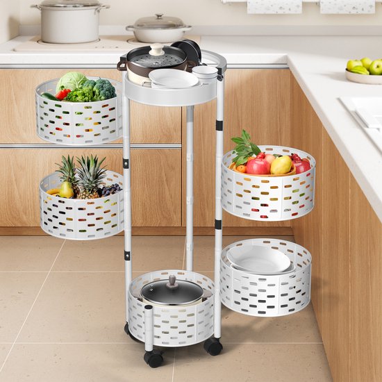 pofluany Fruitmand voor keuken, vierkant draaibaar keukenrek, 5-laags cirkelvormige roterende mand, roterende trolley, keukenwagen, fruitgroente metalen plank met bovendeksel voor woonkamer, wit