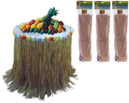 Hawaii tafelrok - 3x - naturel - 225 x 80 cm - riet - beige - tropisch feestje - met bloemen