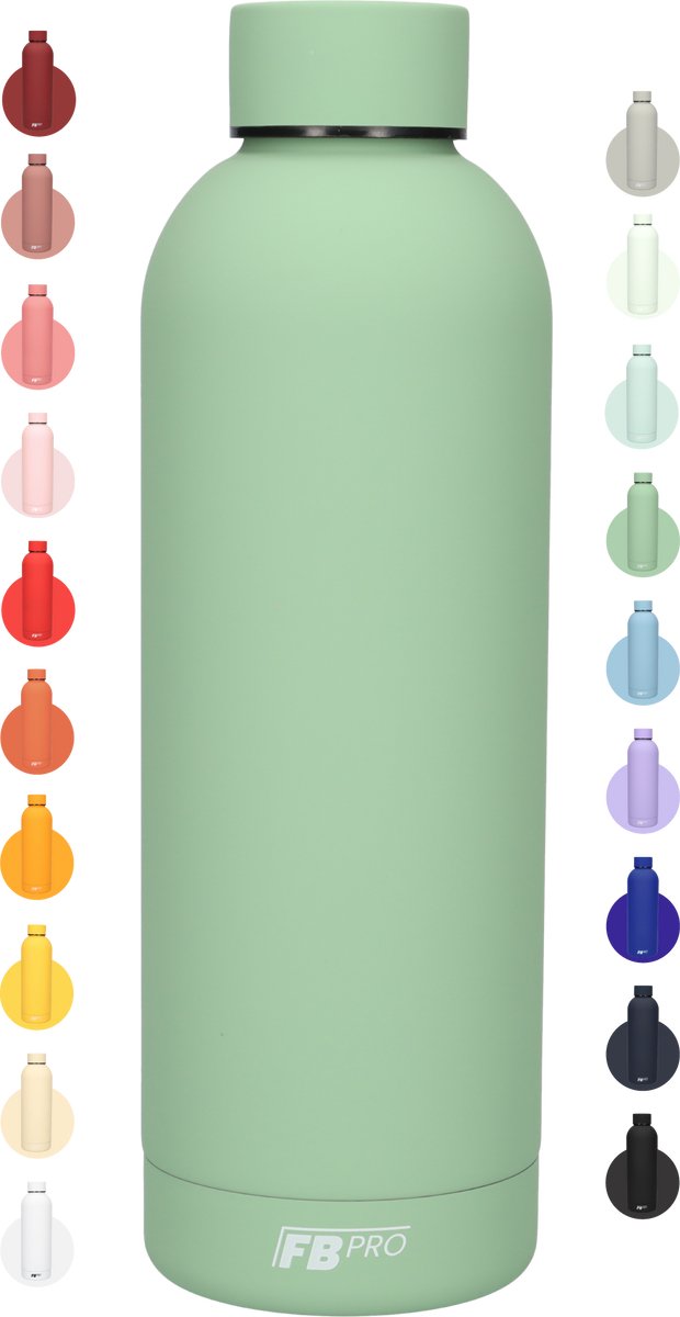 Drinkfles - Dubbelwandige waterfles - Thermosfles - RVS thermos fles - Geschikt voor warme en koude dranken - Extra grip door rubbercoating - 500 ML - Licht groen
