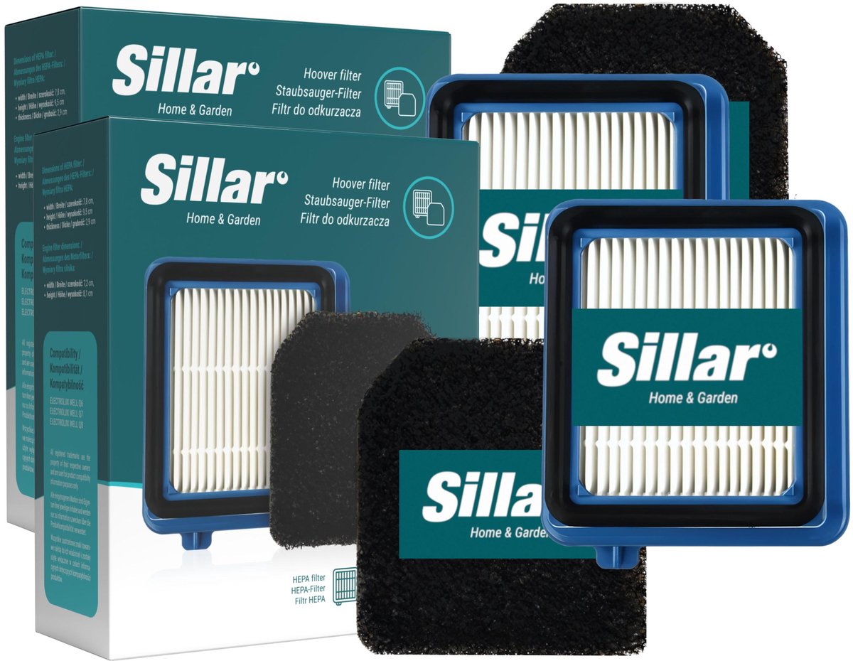 Sillar stofzuiger filterset, HEPA filter 2 stuks + schuimfilter 2 stuks, afwasbaar, stofzuiger vervangers voor Electrolux Well Q6 Q7 Q8