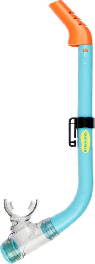 Blauwe snorkel met oranje mondstuk en gele band.