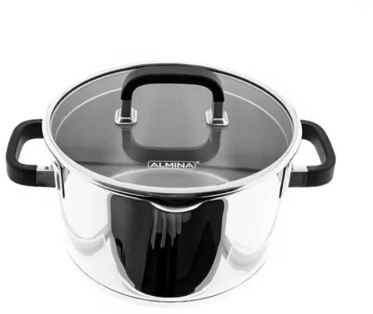 Almina Kookpan – Edelstaal – 4,5 Liter – 22 cm – Met Rubberen Handvat & Siliconen Glazen Deksel