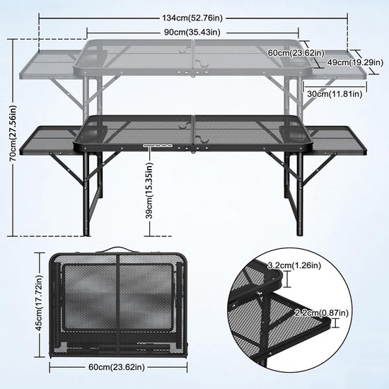 Aufun draagbare campingtafel, inklapbare multifunctionele tafel 90 x 60 x 39 cm, 2-voudig in hoogte verstelbaar, grilltafel met metalen roosterblad, opvouwbare tuintafel, bijzettafel voor strand en picknick van Aufun — afbeelding 2