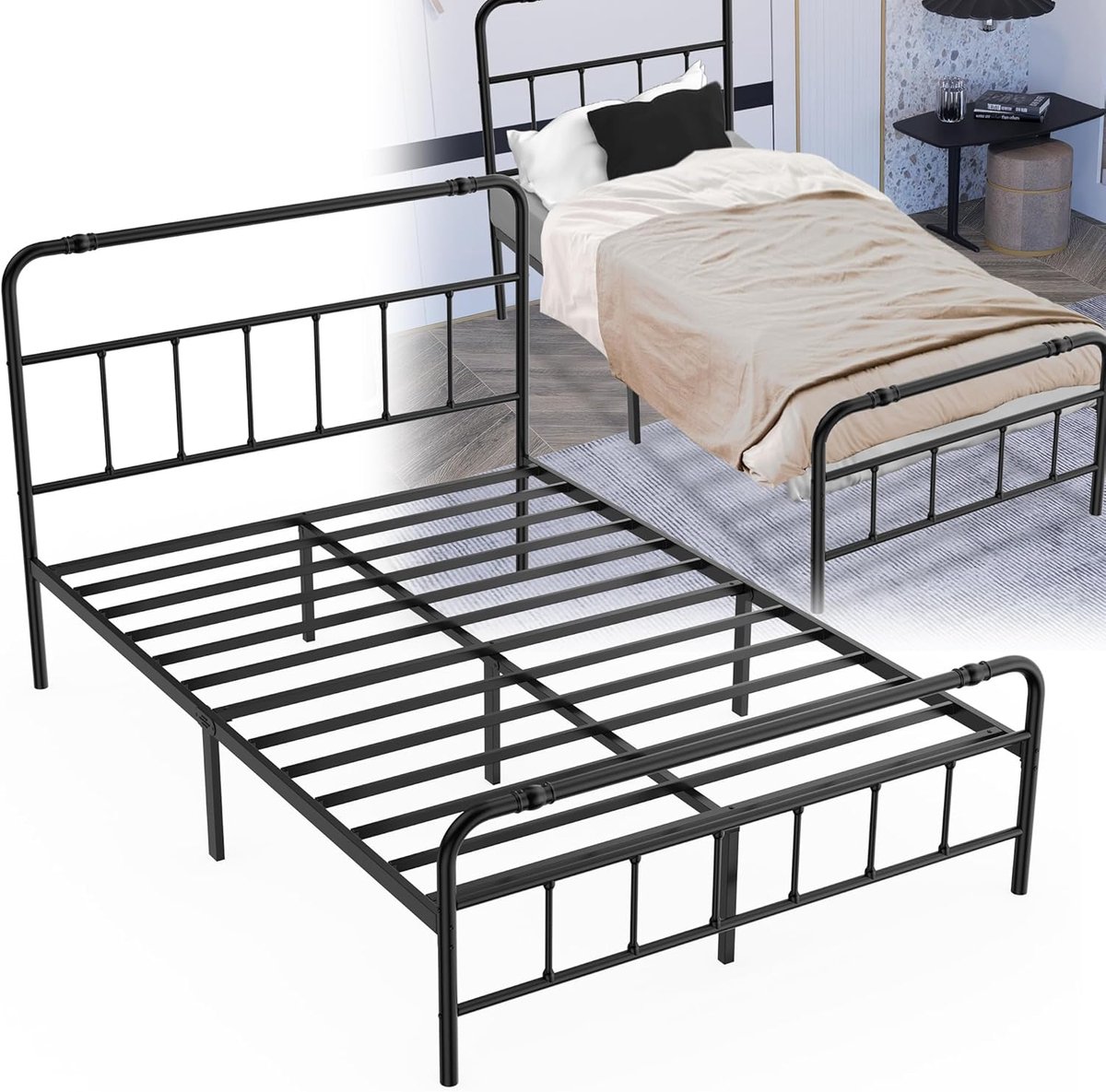 Aufun bedframe 140x200 cm metalen bed bedframe van metaal logeerbed metalen bed jeugdbed voor slaapkamer logeerkamer met hoofdeinde tweepersoonsbed/eenpersoonsbed, zwart