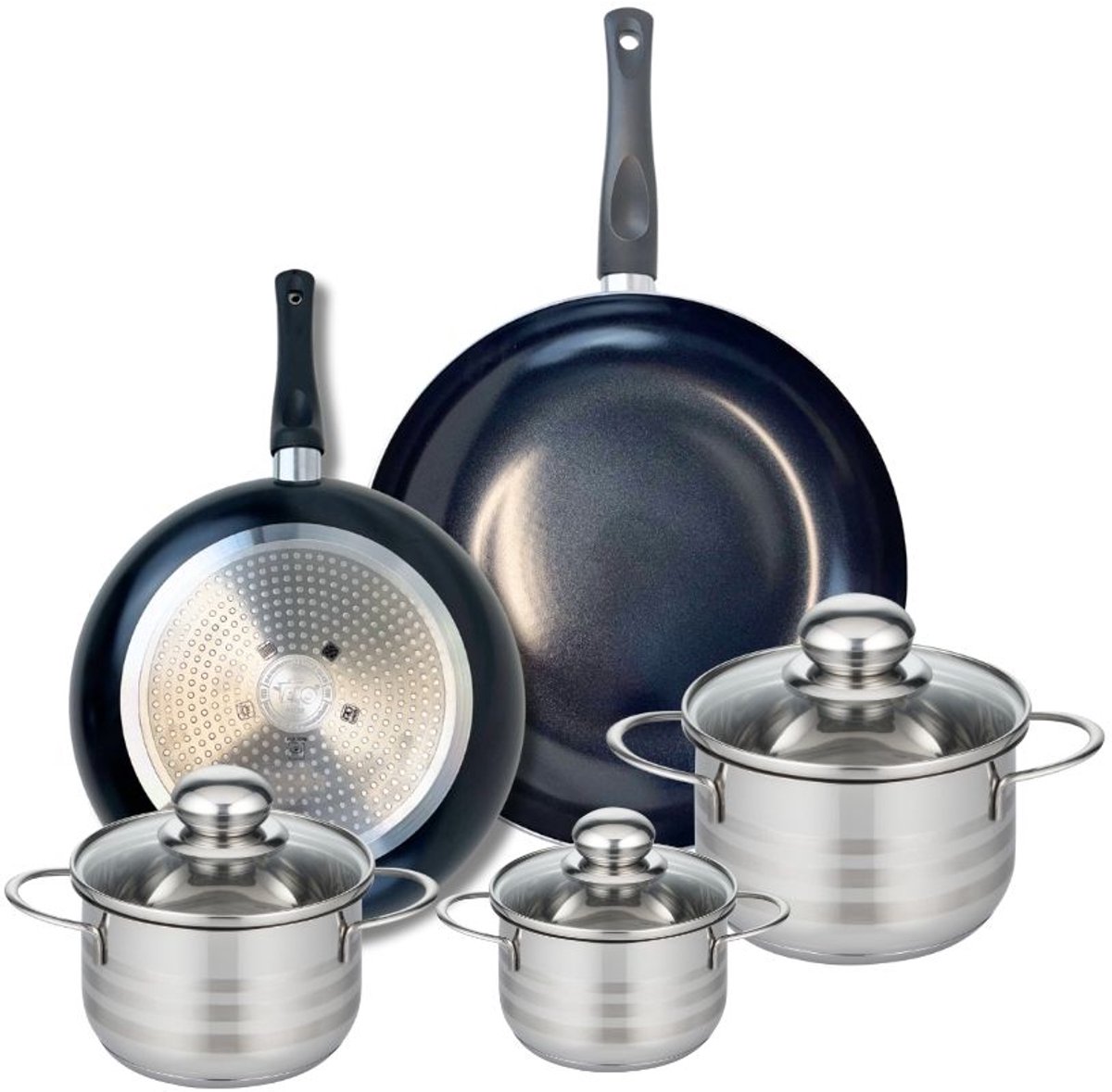 Set van 2 Koekenpannen 24 en 28 cm en 3 kookpotten 12, 14 en 16 cm Elo Prima Glanzend
