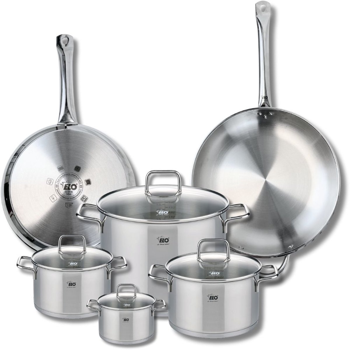 Set van 2 Koekenpannen 28 en 32 cm en 4 kookpotten 12, 16, 20 en 26 cm Elo Profi Citrin