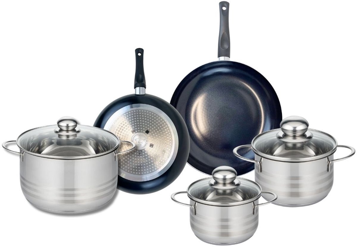 Set van 2 Koekenpannen 20 en 24 cm en 3 kookpotten 14, 16 en 20 cm Elo Prima Glanzend