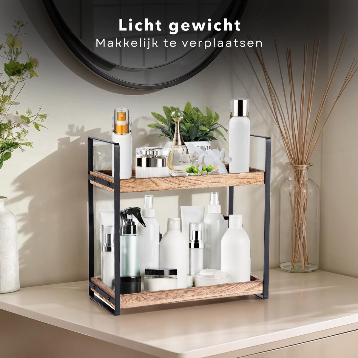 Cheqo® Badkamer Organizer - Badkamerrek - Badkamer Rek - Keuken Organizer - Aanrecht Organizer - Paulownia Hout - Compact Keukenrek - Metaal Frame