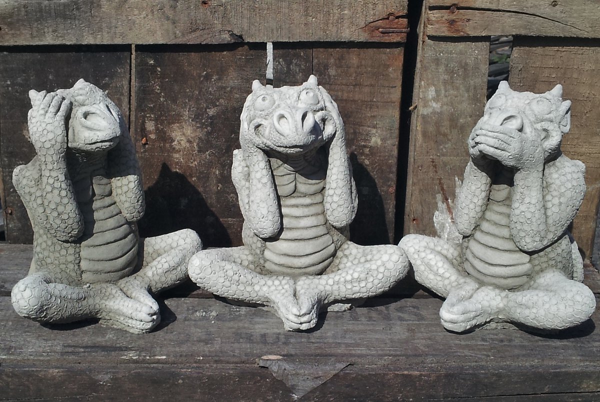 Set van 3 betonnen tuinbeelden - horen, zien en zwijgen draak / draken