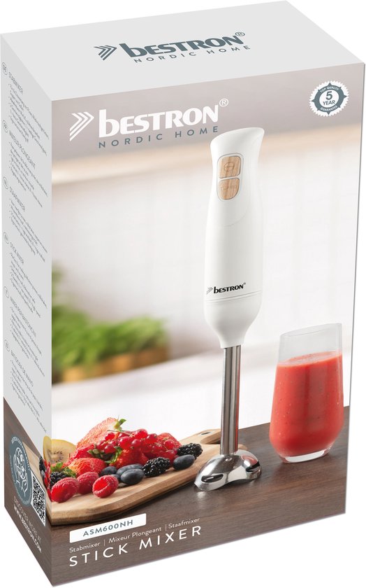 Bestron Staafmixer 600W - ASM600NH - 2 Snelheden met turbo - Vaatwasser bestendig - Wit/Hout - 5 jaar garantie van Merkloos — afbeelding 3