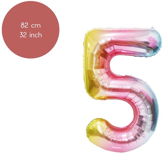 Fienosa Cijfer Ballonnen nummer 5 - Regenboog kleuren - 82 cm - 15 - 25 - 35 - 45 - 50 - 55 - 65 - 75 - 85 - 95 - Leeftijd verjaardag - Verjaardagsballon - Verjaardag