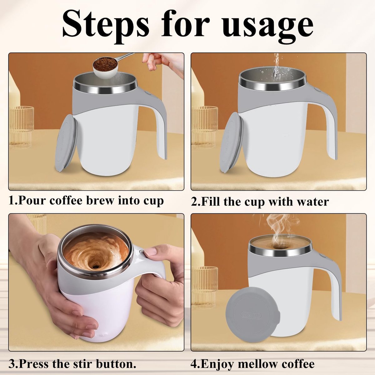 Zelfroerende mok, USB, 400 ml, zelfroerende mok met displayscherm, temperatuurweergave, antislip bodem, elektrische beker, zelfroerend, voor koffie, thee, warme chocolademelk, zwart