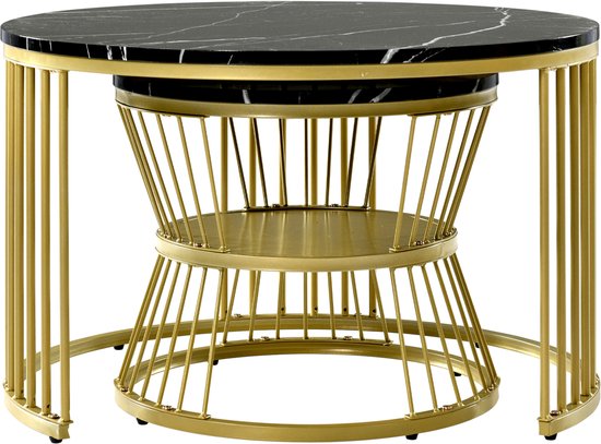 Set de 2 tables basses rondes 70/45 cm, table basse à pieds multiples, plateau motif marbre, pieds en métal doré, convient pour salon, salle à café, séjour - Zwart Goud