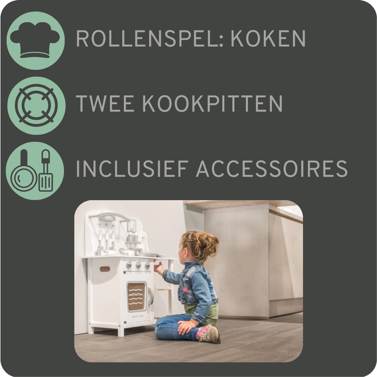 Bandits & Angels Houten Kinderkeuken Chef Deluxe White vanaf 2 jaar voor Jongens en Meisjes - Aanrechthoogte 46 cm - incl. 8 Accessoires - Kinder Keuken Wit - Keukentje Hout — afbeelding 3