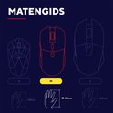 Schematische weergave van drie gaming muizen (S, M, L) en bijpassende handmaten.