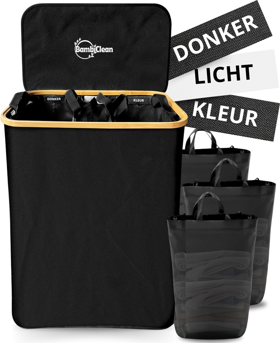 Goedkoopste BambiClean Wasmand 3 Vakken - Wassorteerder 145L - 100 Bamboe Wasmand met Deksel - Katoen