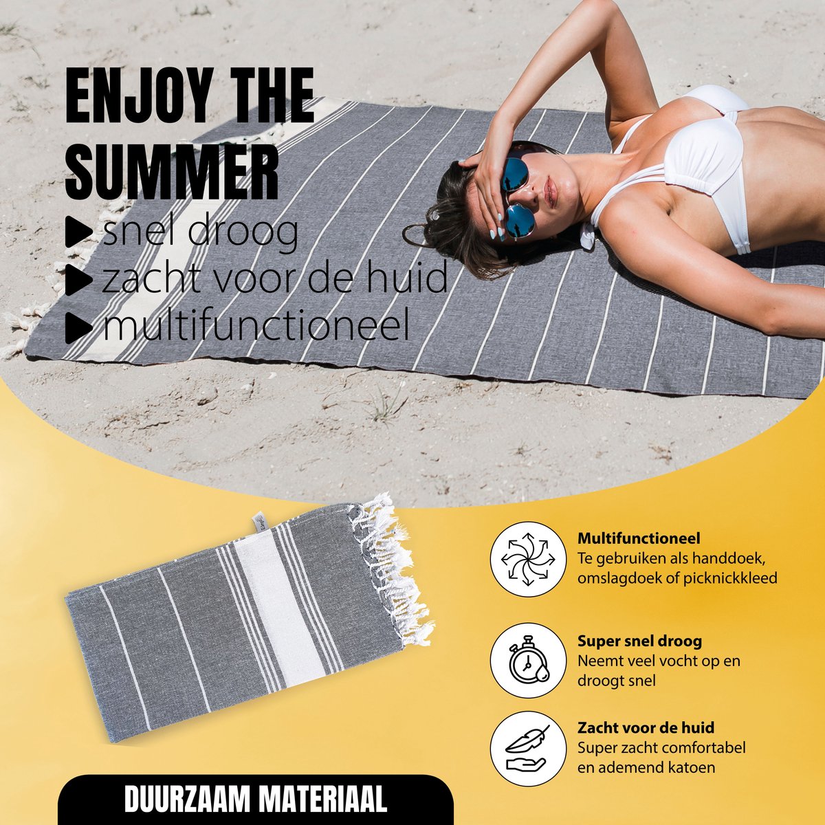 Eleganzzz Hamamdoek 90x180cm - Grey - Saunadoek - Strandhanddoek - Yogadoek - Spadoek - Omslagdoek - Strandlaken - Zacht - Lichtgewicht - Sneldrogend