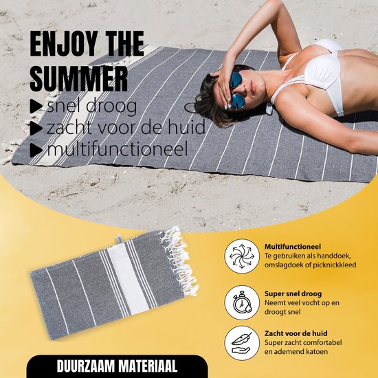 Eleganzzz Hamamdoek 90x180cm - Grey - Saunadoek - Strandhanddoek - Yogadoek - Spadoek - Omslagdoek - Strandlaken - Zacht - Lichtgewicht - Sneldrogend