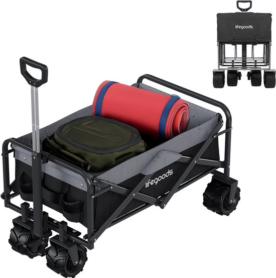 LifeGoods Bolderkar - Opvouwbaar - 80KG Draagkracht - 94L - Wasbaar - Stevige Wielen - Zwart/Grijs