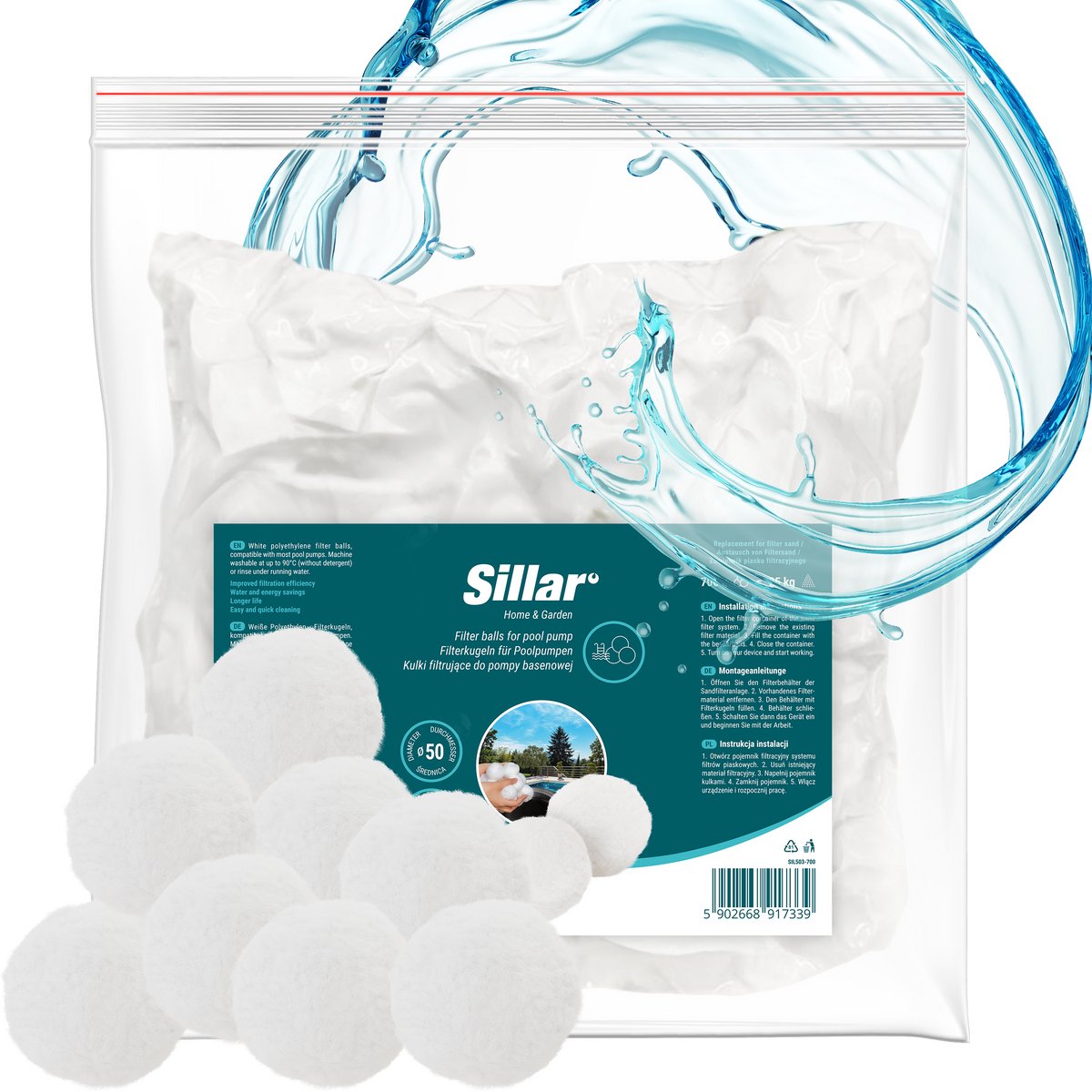 Sillar Zwembadfilter – Filterballen voor zwembadpompen – herbruikbaar – geschikt voor zwembaden en zandfilters – 50 mm, 1500 g – wit