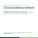 Tekst met "Crocus sativus extract" en details over "Saffraankrokus extract 30 mg", op een witte achtergrond.