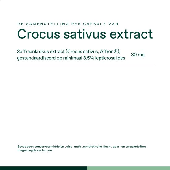 Tekst met "Crocus sativus extract" en details over "Saffraankrokus extract 30 mg", op een witte achtergrond.