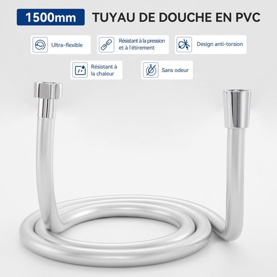 Een 1500mm flexibele, hitte- en drukbestendige, anti-torsie PVC douchekop slang.