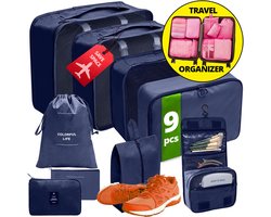 GMR Packing Cubes Set | 9 Delig | Koffer & Reistas Organizers voor Kleding, Schoenen, Backpack & Beauty - Koffer Organizer Set - Inclusief Cosmetica Tas & Etui - Donkerblauw