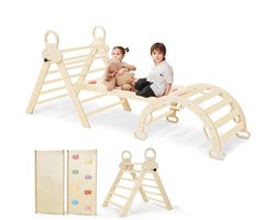 FINOOS Opvouwbare Driehoek + Klimboog + Helling met Klimrek/Glijbaan - Pikler - Montessori Meubels Houten Speelgym (Naturel)