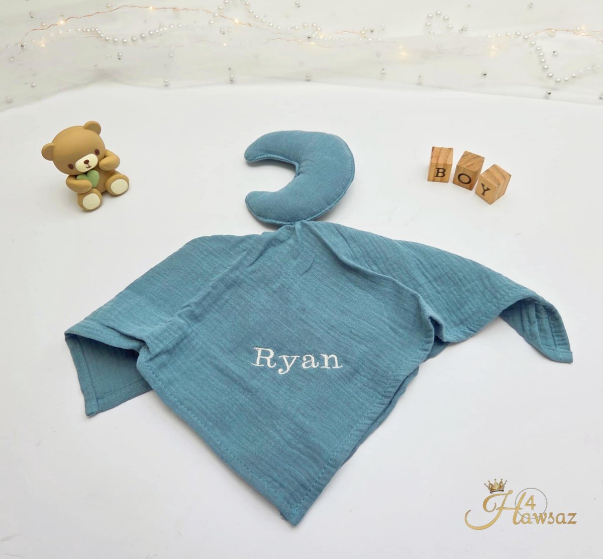 Goedkoopste Kraamcadeau voor jongen met naam - Hawsaz.nl cadeau - knuffeldoekje 1 stuk - Baby knuffel - Babygeschenk - Babycadeau - Babyshower - Geboortecadeau - Maan - Baby kado - cadeau met naam - Babygeschenkset - Gepersonaliseerd