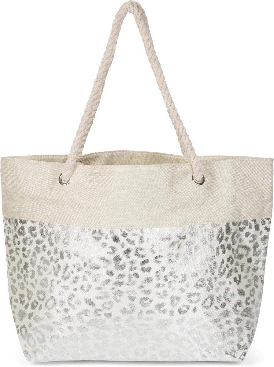 Strandtas met metallic luipaarddierprint en rits - Dames XXL shopper in Beige-zilver (02012282)