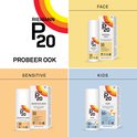 Drie P20 zonnebrandvarianten: Original, Sensitive Skin en Kids.