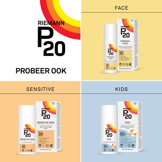 Drie P20 zonnebrandvarianten: Original, Sensitive Skin en Kids.