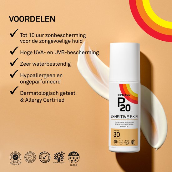 P20 Sensitive Skin SPF 30 zonnebrandcrème met pompje, in verpakking. Dermatologisch getest, hoge UVA/UVB, waterbestendig.