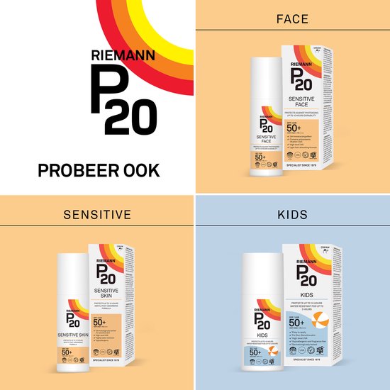 Kwartet van P20 producten: P20 Face, P20 Sensitive, P20 Kids en P20 Original.