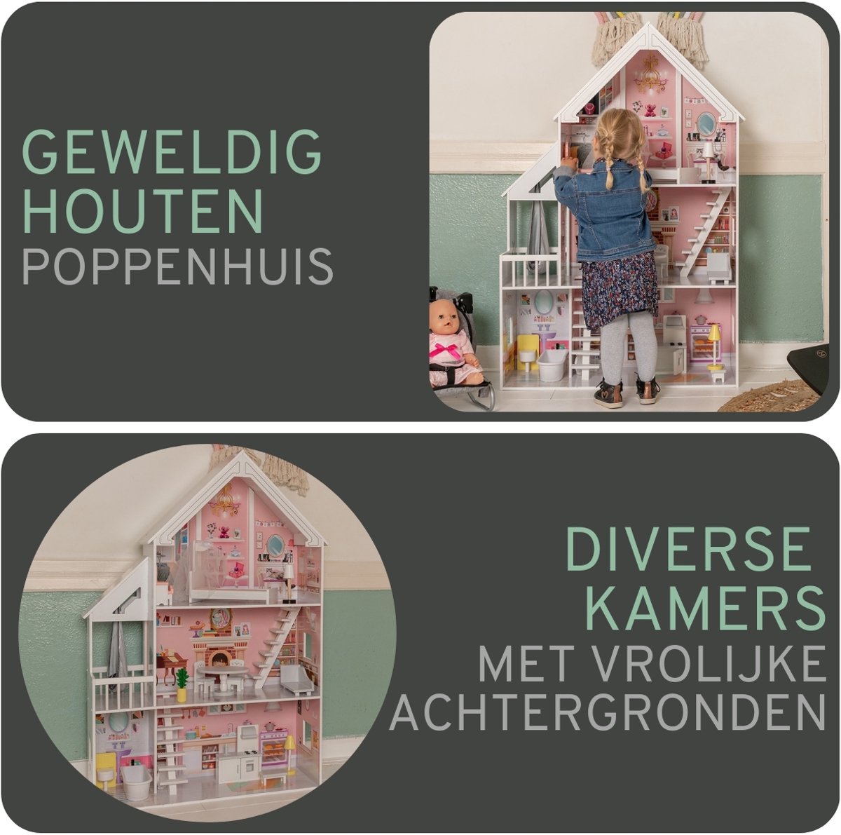 Bandits & Angels Houten Poppenhuis Prinses Roze vanaf 3 jaar 126 cm Hoog - Inclusief 15 Meubeltjes - Poppen Huis - Poppen Meubels — afbeelding 6