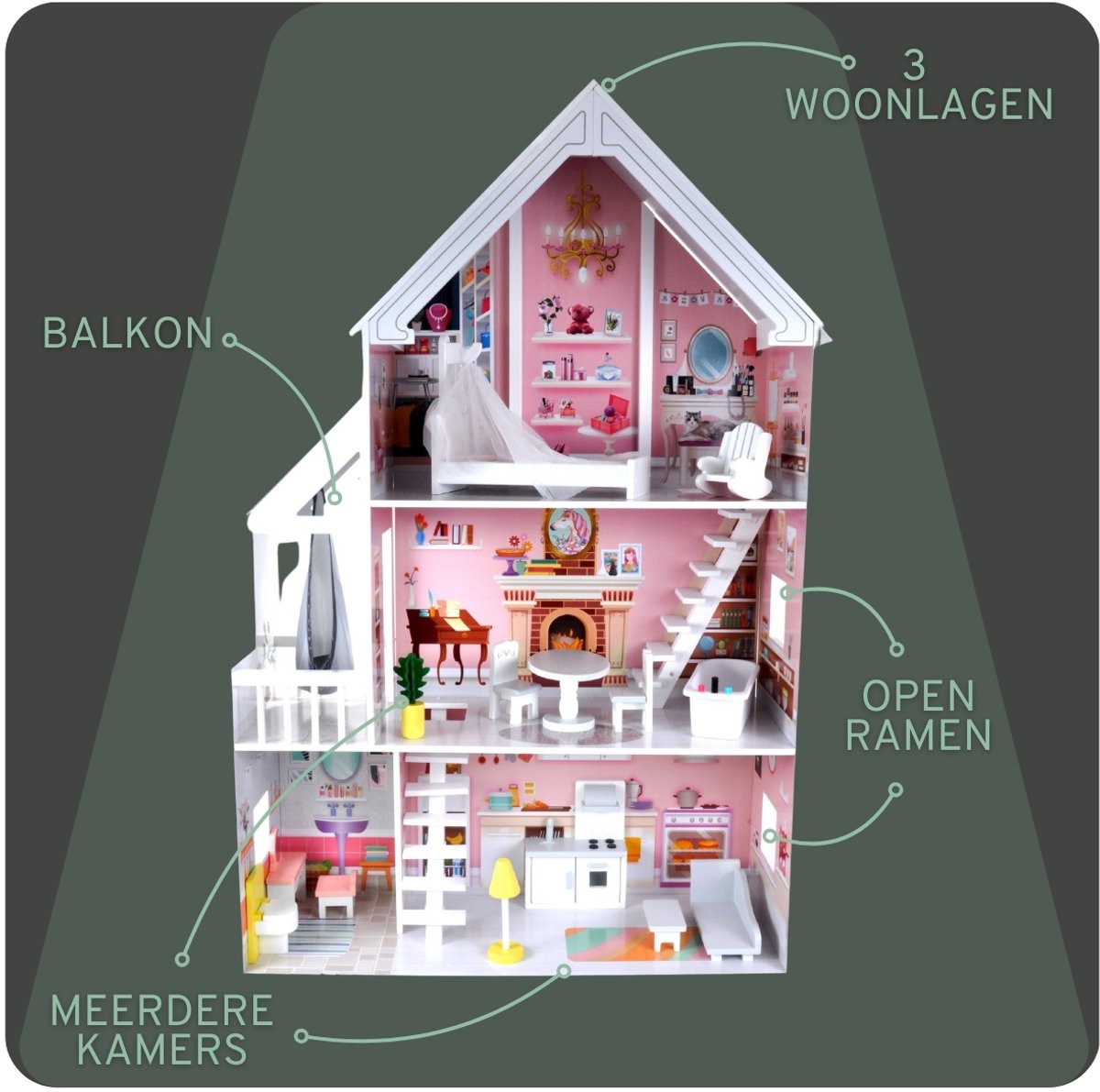 Bandits & Angels Houten Poppenhuis Prinses Roze vanaf 3 jaar 126 cm Hoog - Inclusief 15 Meubeltjes - Poppen Huis - Poppen Meubels — afbeelding 4