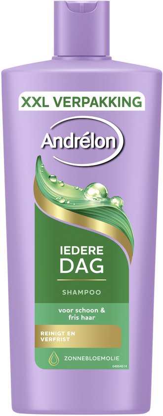 Andrélon Iedere Dag shampoo XXL verpakking met groene bladeren en waterdruppels.