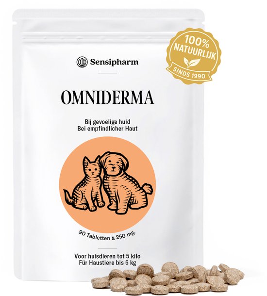 Sensipharm Omniderma voor Kat, Hondje, Cavia, Konijn - Voedingssupplement voor Huid en Vacht, bij Jeuk, Eczeem & Hotspot - 90 Tabletten à 250 mg