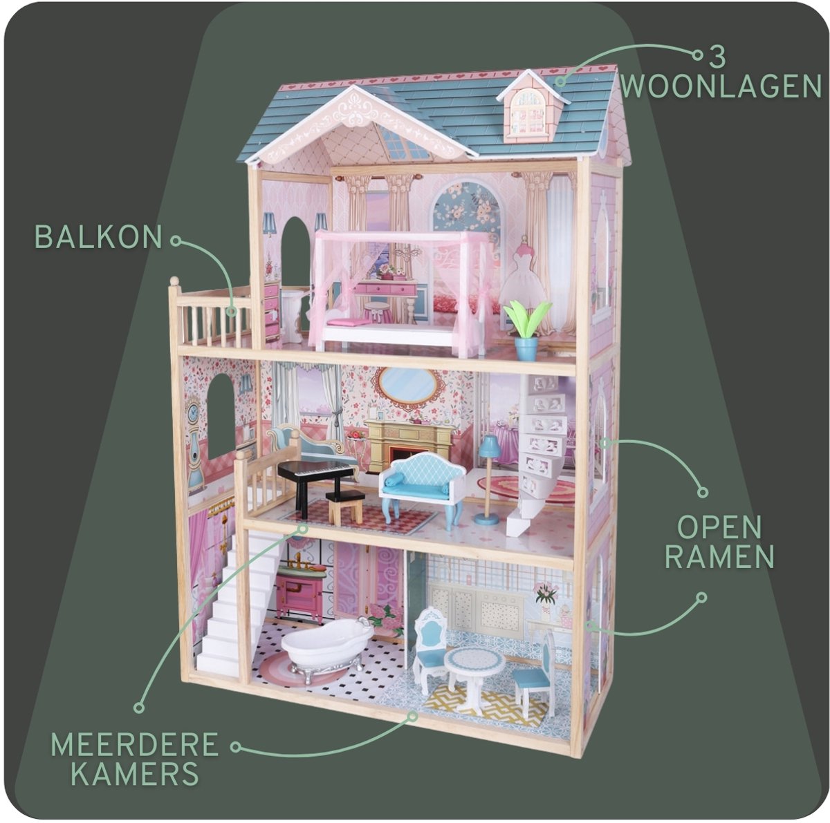 Bandits & Angels Houten Poppenhuis Sweet Country House vanaf 3 jaar 124 cm hoog Roze/Blauw - Inclusief 11 Meubeltjes - Geschikt voor grotere poppen - Poppen Huis - Poppen Meubels — afbeelding 7