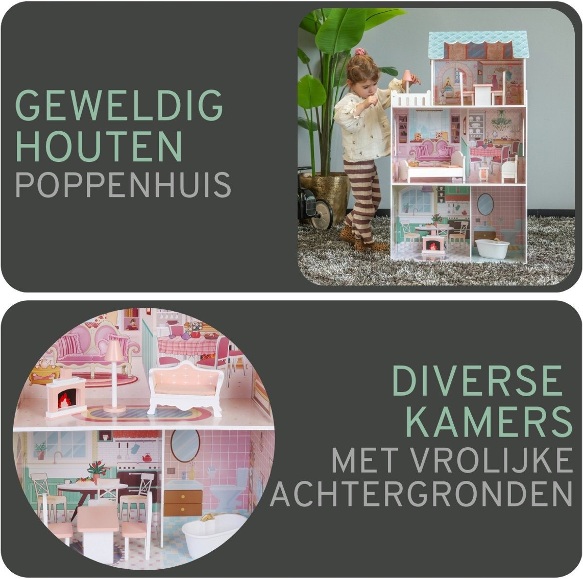 Bandits & Angels Houten Poppenhuis Roze/Blauw Angels City House vanaf 3 jaar 106 cm hoog - Inclusief 10 meubeltjes - Poppen Huis - Poppen Speelgoed — afbeelding 5